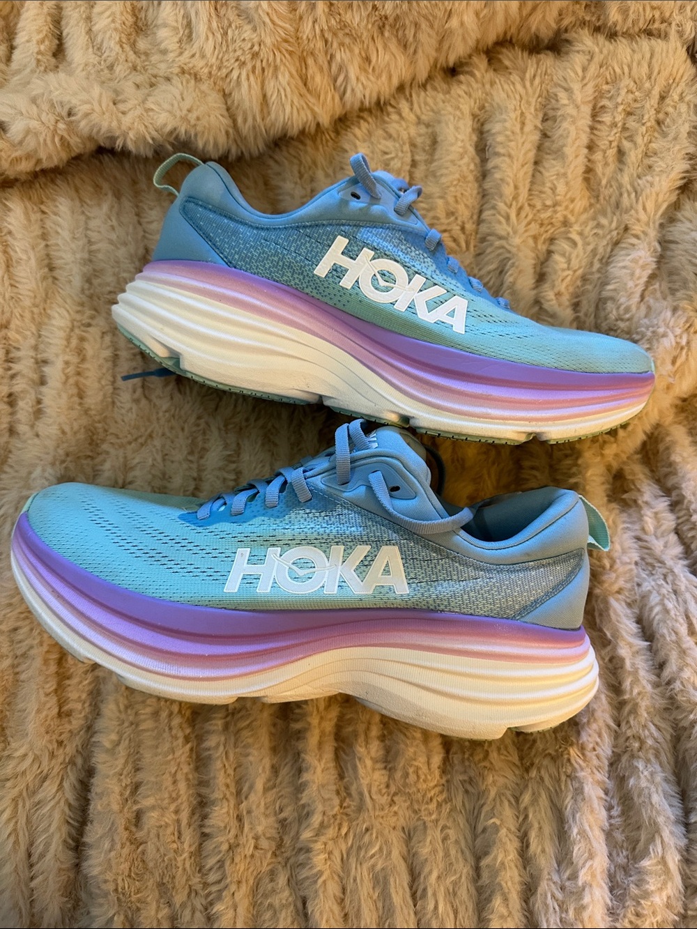 Hoka Womens Light Blue Sneakers with Purple White Gradient Midsole